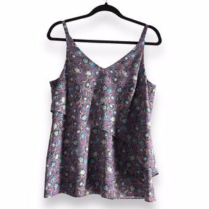 CAbi 3453 Size Small Purple Floral Scrollwork Layered Cami Tank Top Asymmetrical